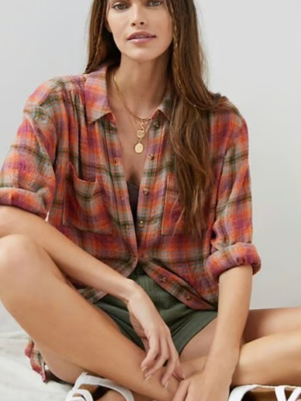 Anthropologie Pilcro Hadley Oversized Relaxed Plaid Tunic Button Up Shirt - L